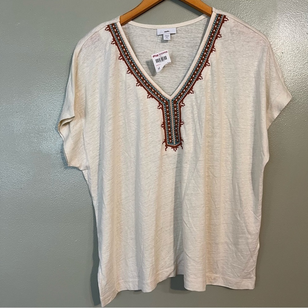J Jill Womens Cream V Neck Embroidery Kimono Sleeves Boxy Linen Blend Tee M New